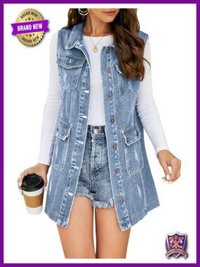 Sleeveless Button Down Denim Vest Mid Long Distressed Jean Gilet